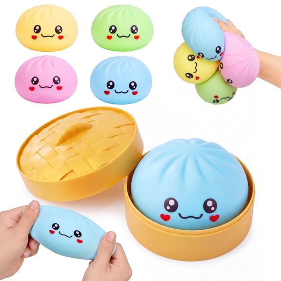 Joyfy 4PCS Dumpling Squishy Toys with Steamer Box, Soft Squeeze Stress Relief Toys for Kids and Adults, Fidget Sensory Toys for Party Favors, Birthday & Christmas