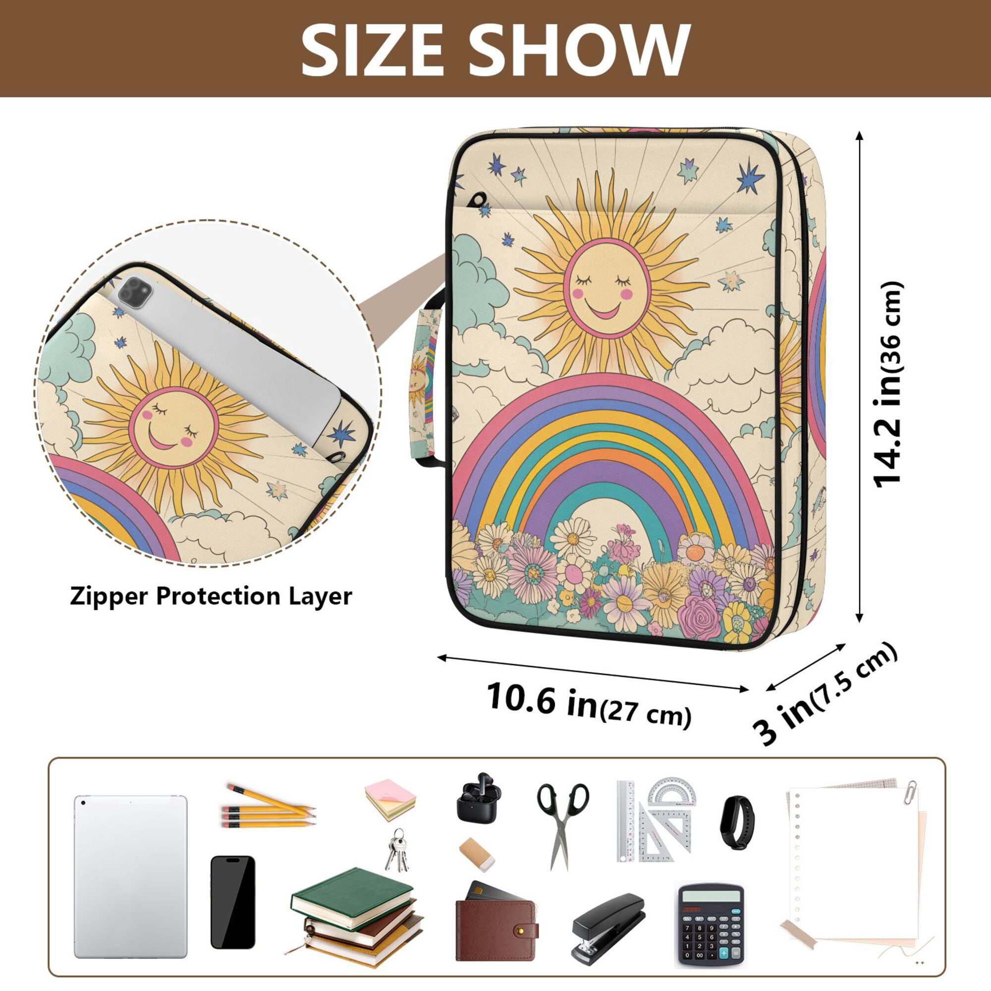 FORMRS Accordion File Folder A4 Size 7-Pocket Expanding Document Organizer Bag with 3 Ring Binder, Beige Rainbow