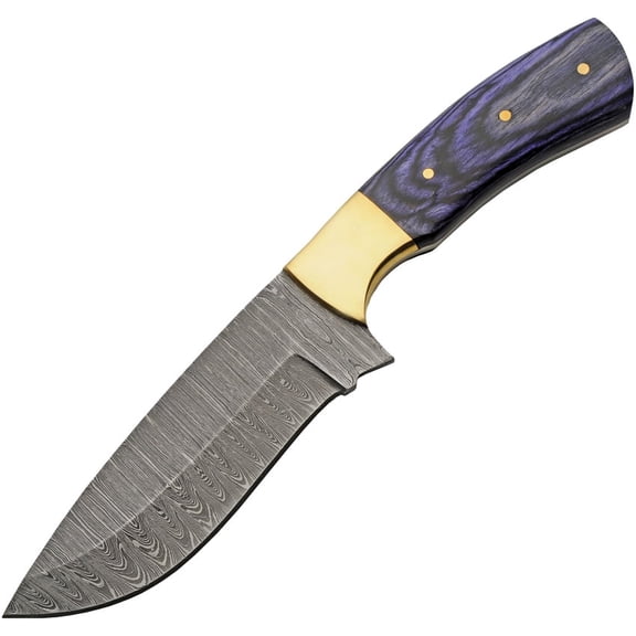 SANZ 8.75" Sapphire Hunting Knife Damascus Steel Blade Pakkawood Handle with Leather Sheath