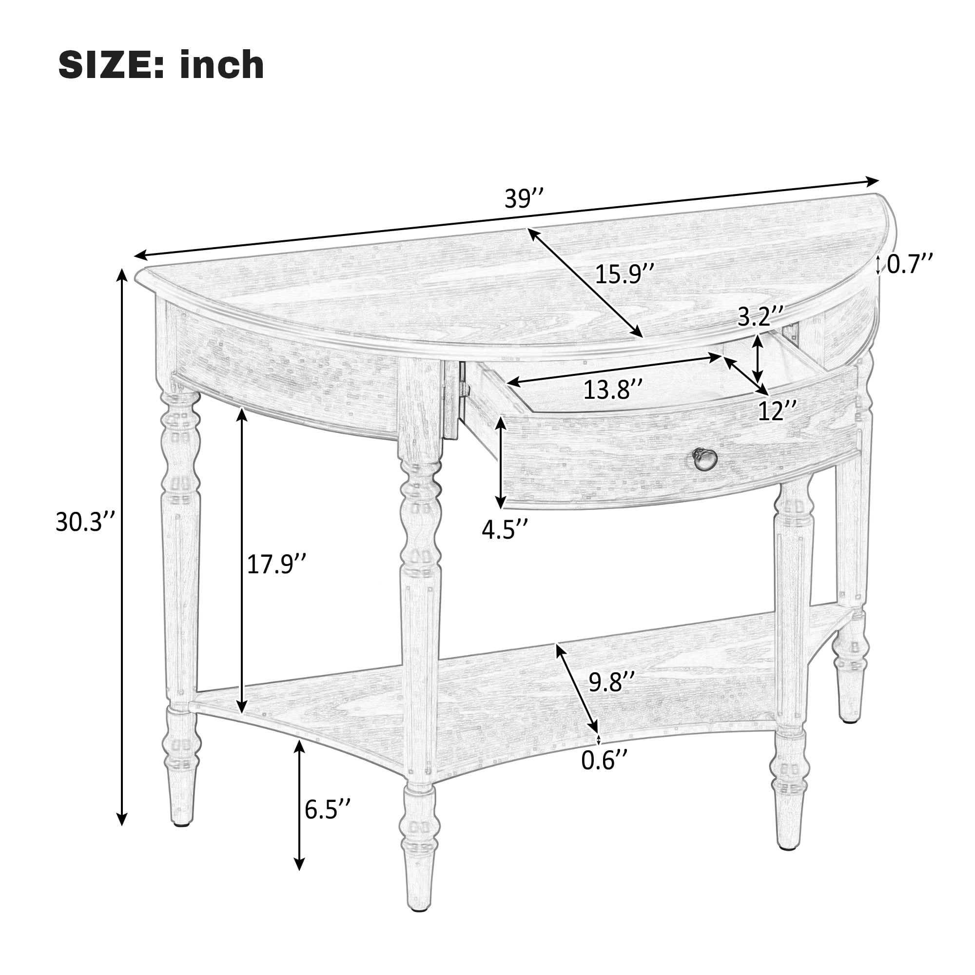 Farmhouse Half Moon Console Table with Drawer & Shelf, Rustic Accent Table, Sofa Table for Entryway, Living Room, Hallway and Foyer (Walnut)