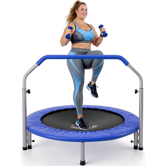 SereneLife Portable & Foldable Trampoline - 40" in-Home Mini Rebounder with Adjustable Handrail, Fitness Body Exercise - SLSPT409, Blue