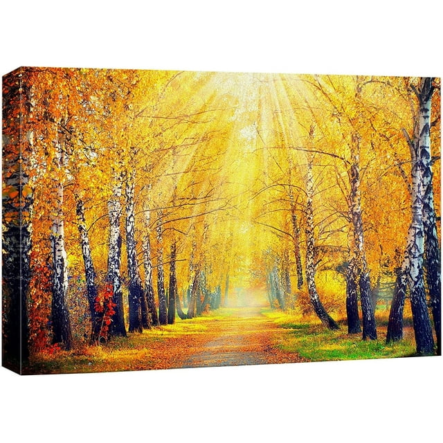 Canvas Print Wall Art Sunlight Shine Over Yellow Autumn Forest Path Nature Wilderness Photography Modern Art Rustic Scenic Colorful Multicolor for Living Room, Bedroom, Office - 12"x18"