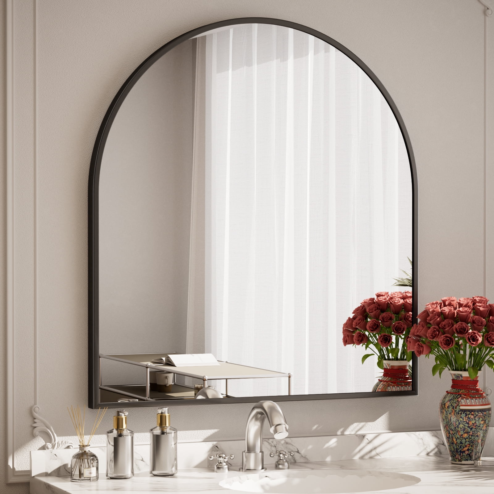 GRAHMCY 34"x32" Arched Bathroom Mirror Wall Mirror With Aluminum Alloy Frame, Black