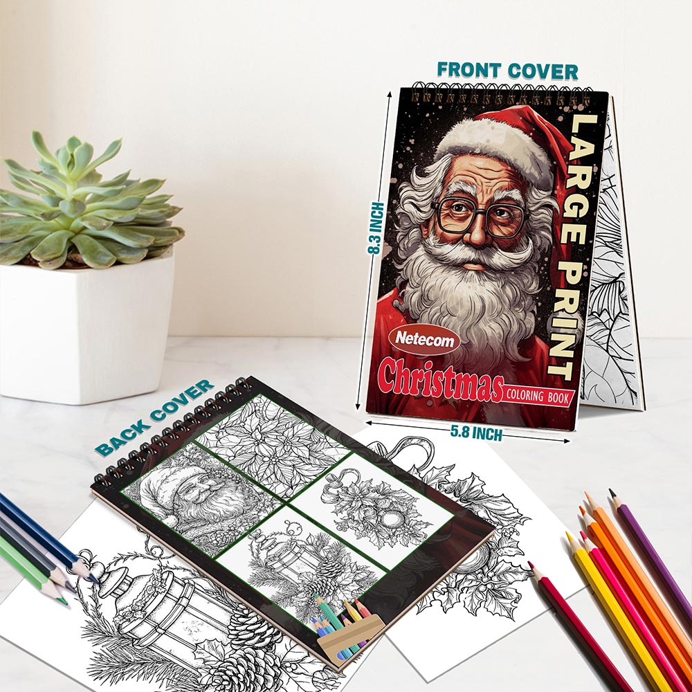 Netecom Christmas Large Print Coloring Book Spiral Bound for Adults, A5 Wooden Cover, 30 Nostalgic Coloring Pages in Cozy Christmas Day for Stress Relief and Relaxation