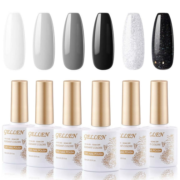 Gellen Gel Nail Polish Kit, 6 Glitter Black White Silver Colors, All Season Gel Polish Set, Soak Off Nail Lamp Cure Nail Polish Set, Nail Art DIY Manicure Gift for Women