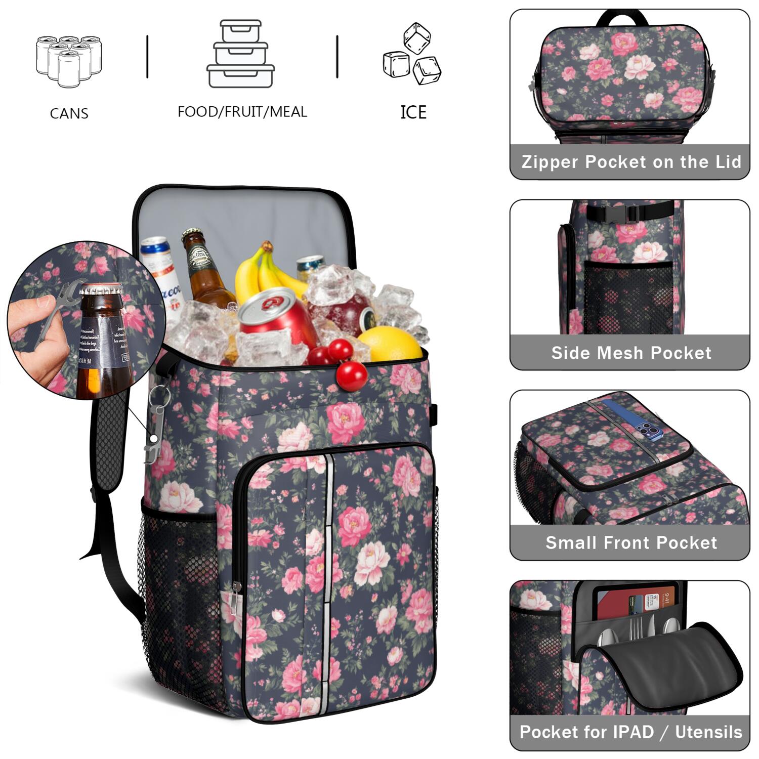 Travel Cooler Bag - Pioneer Flower Camping Beer Cooler Backpack with Bottle Opener- Waterproof Insulated Picnic Backpacks - Cooler Bag for Beach