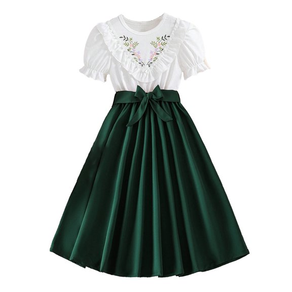 Summer Casual Dress Girl Size 8 Floral Embroidered Ruffle Hem Pleated Dress Cotton Short Sleeve Kids Clothes, Green, 10 Years