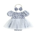 thumbnail image 1 of Baby Romper Dress Flower Print Boat Neck Short Puff Sleeve Jumpsuits, 1 of 8