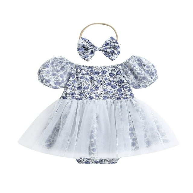 Combinaison-robe pour Bébé à Imprimé Floral, Encolure Bateau, Manches Courtes Bouffantes