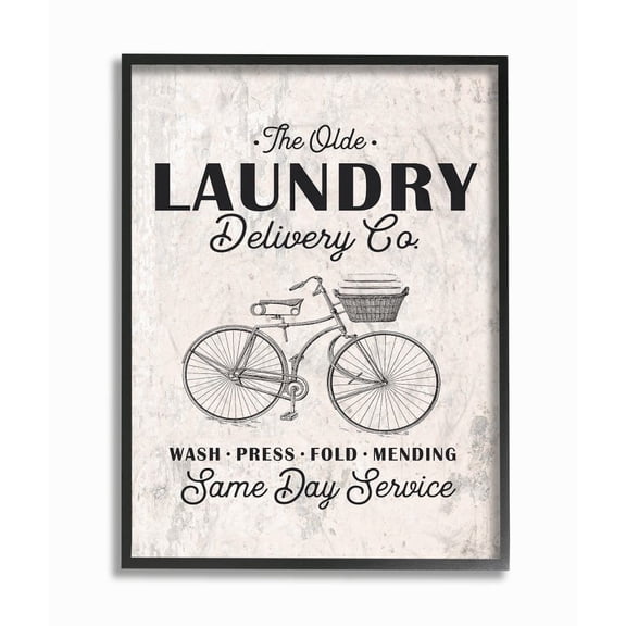 The Stupell Home Decor Collection Black on White Washed Texture Laundry Delivery Co Same Day Service Bike Illustration Framed Giclee Texturized Art, 11 x 14