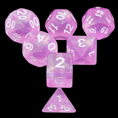 Galactic Dice Acrylic HD Dice Sets - Candy Luxury (Pink Sparkle & White) Set of 7 Dice
