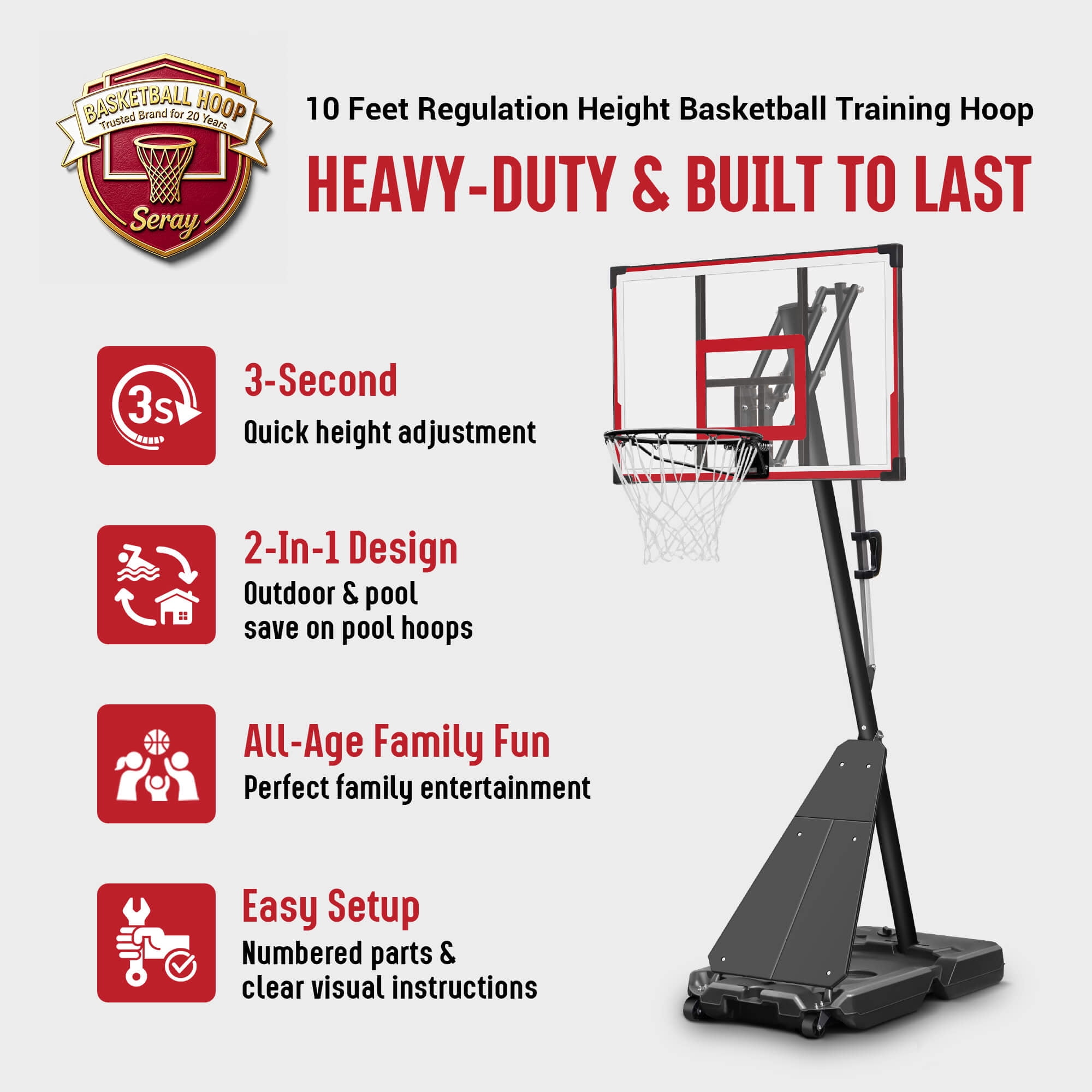SERAY Basketball Hoop with 4.9-10 feet Height Adjustable for Kids/Adults, Portable Basketball Goal with 44 inch Backboard and 2 Wheels for Outdoor/Indoor Sports