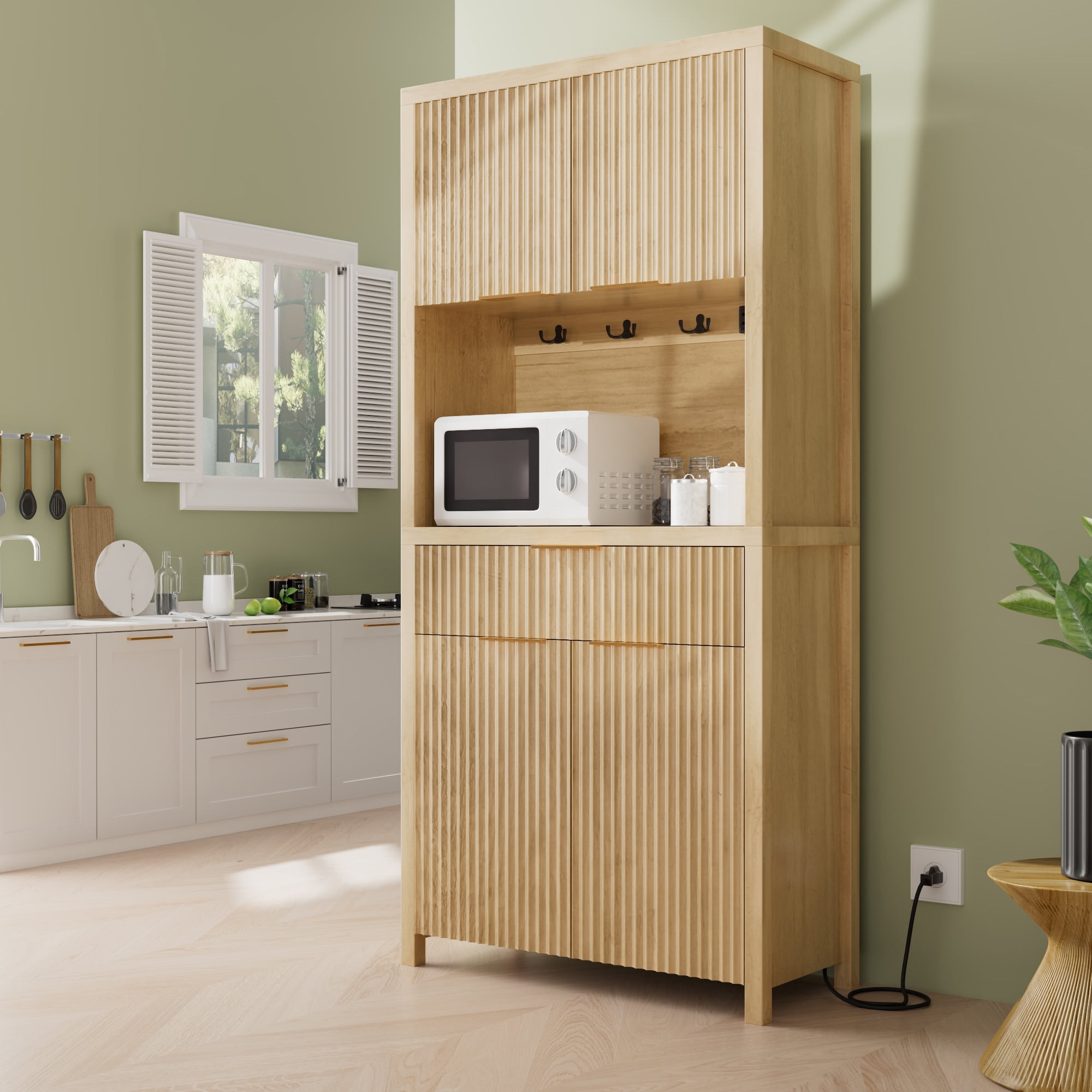 GIKPAL Pantry Cabinet with Charging Station, Fluted Kitchen Pantry Storage Cabinet with Shelves and Drawer, Boho Kitchen Hutch with Microwave Stand for Dining Living Room, Natural Oak