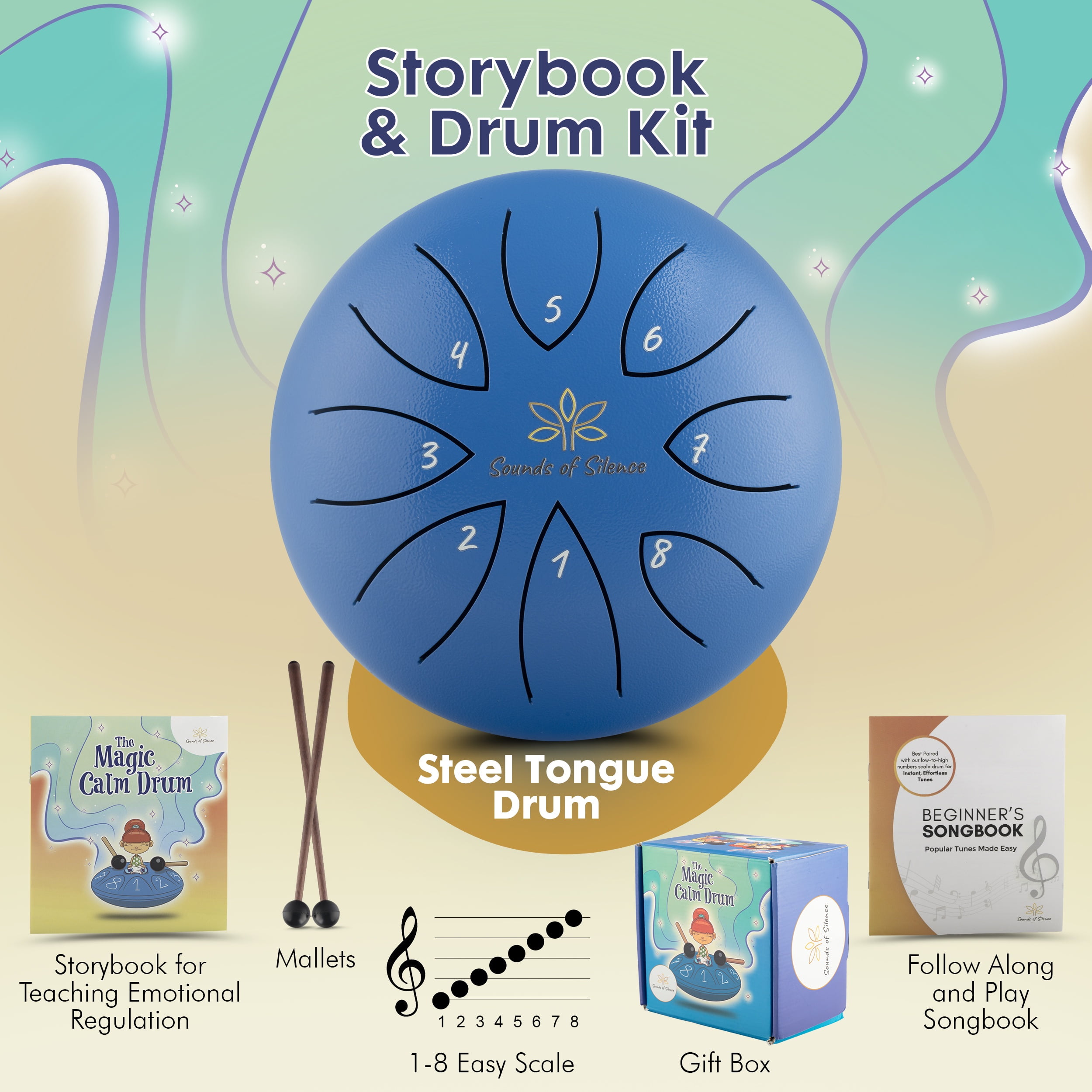 Steel Tongue Drum for Kids (3+) with Sing-Along Storybook, Songbook, Carry Bag and Wooden Mallets, 6 inch, 8 notes