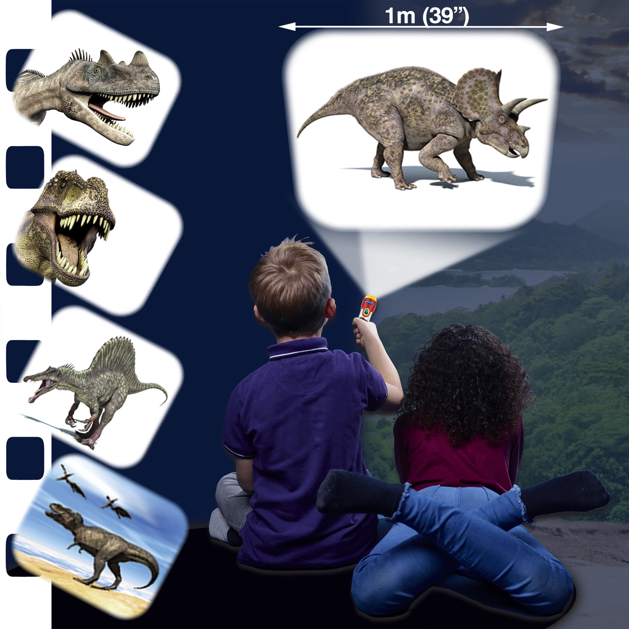 Natural History Museum: Dinosaur Torch & Projector - Handheld Flashlight & Image Casting Toy, 24 Color Themed Slide Images, 39" Projection, Kids 3+