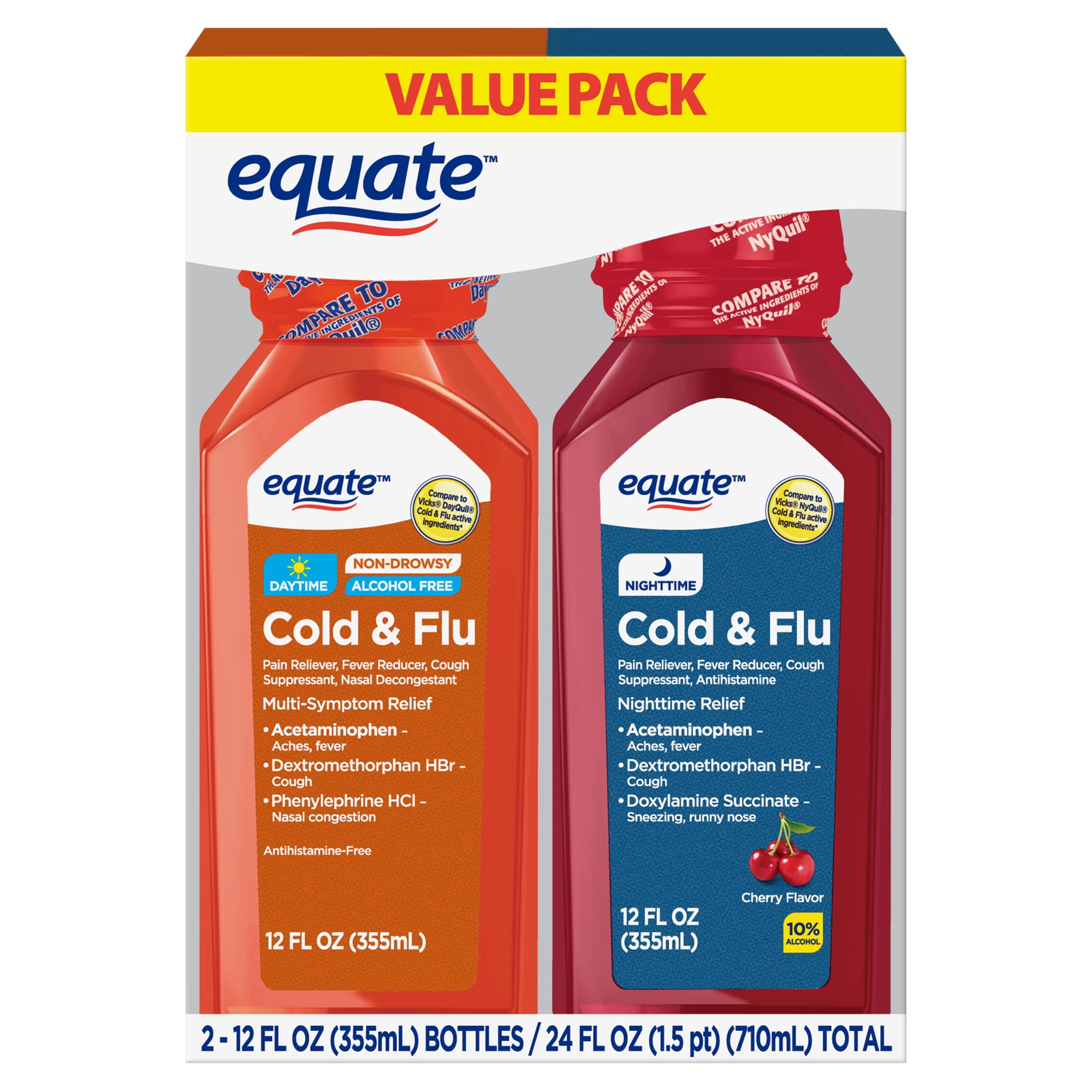 Equate Daytime and Nighttime Cold and Flu Relief; Liquid Cold Medicine Combination Pack, 12 Oz