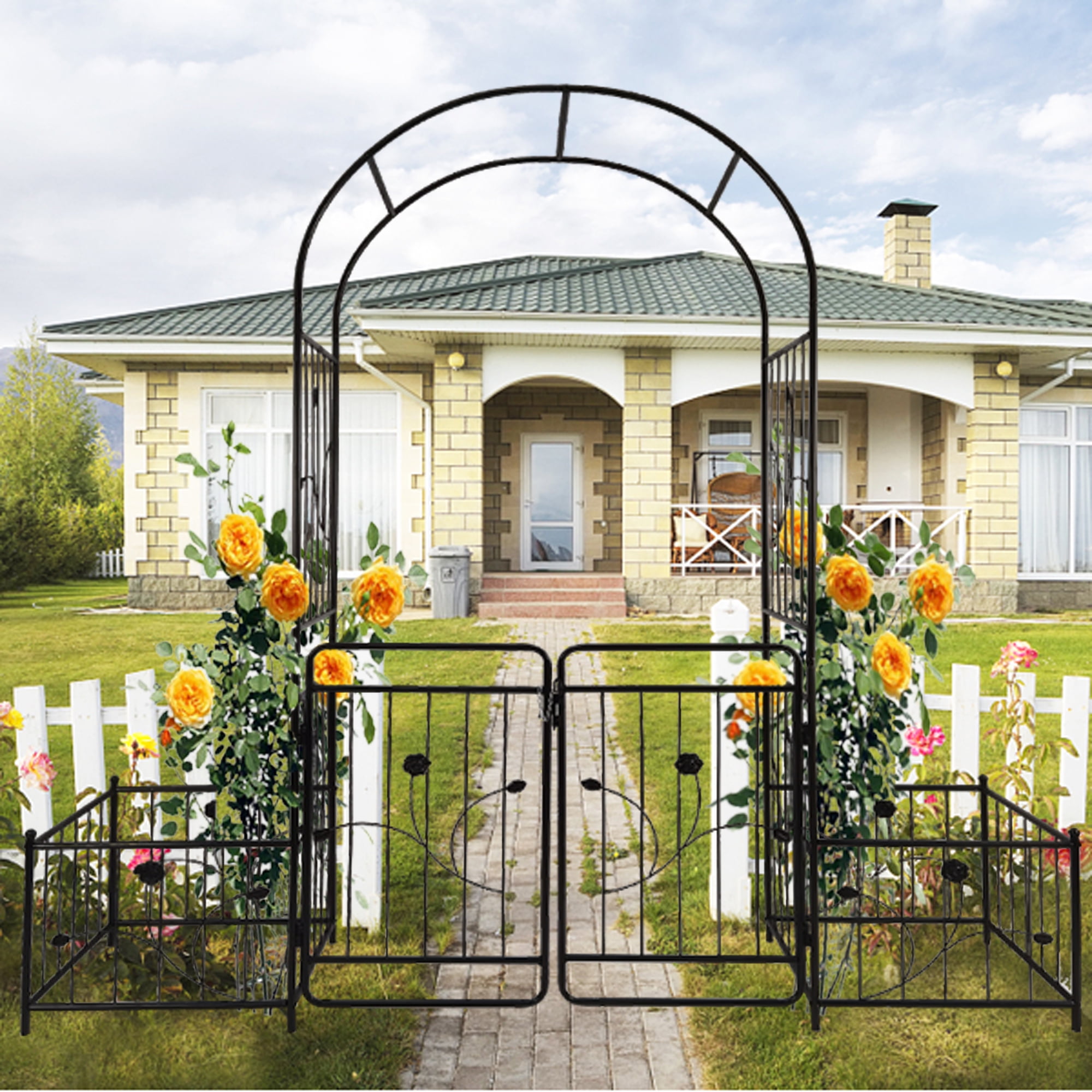 Miniyam Metal Garden Arch with Double Doors and 2 Side Planter Baskets, 79.5" W x 86.6", Black