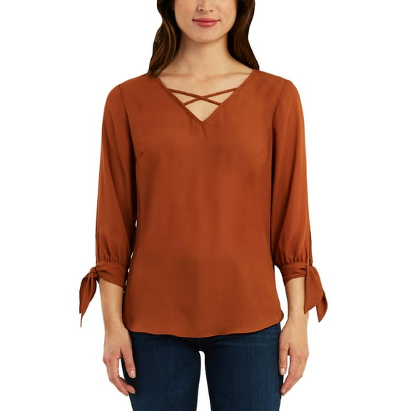 Bcx Juniors’ Mixed-Materials 3/4-Sleeve Top, Caramel, XS