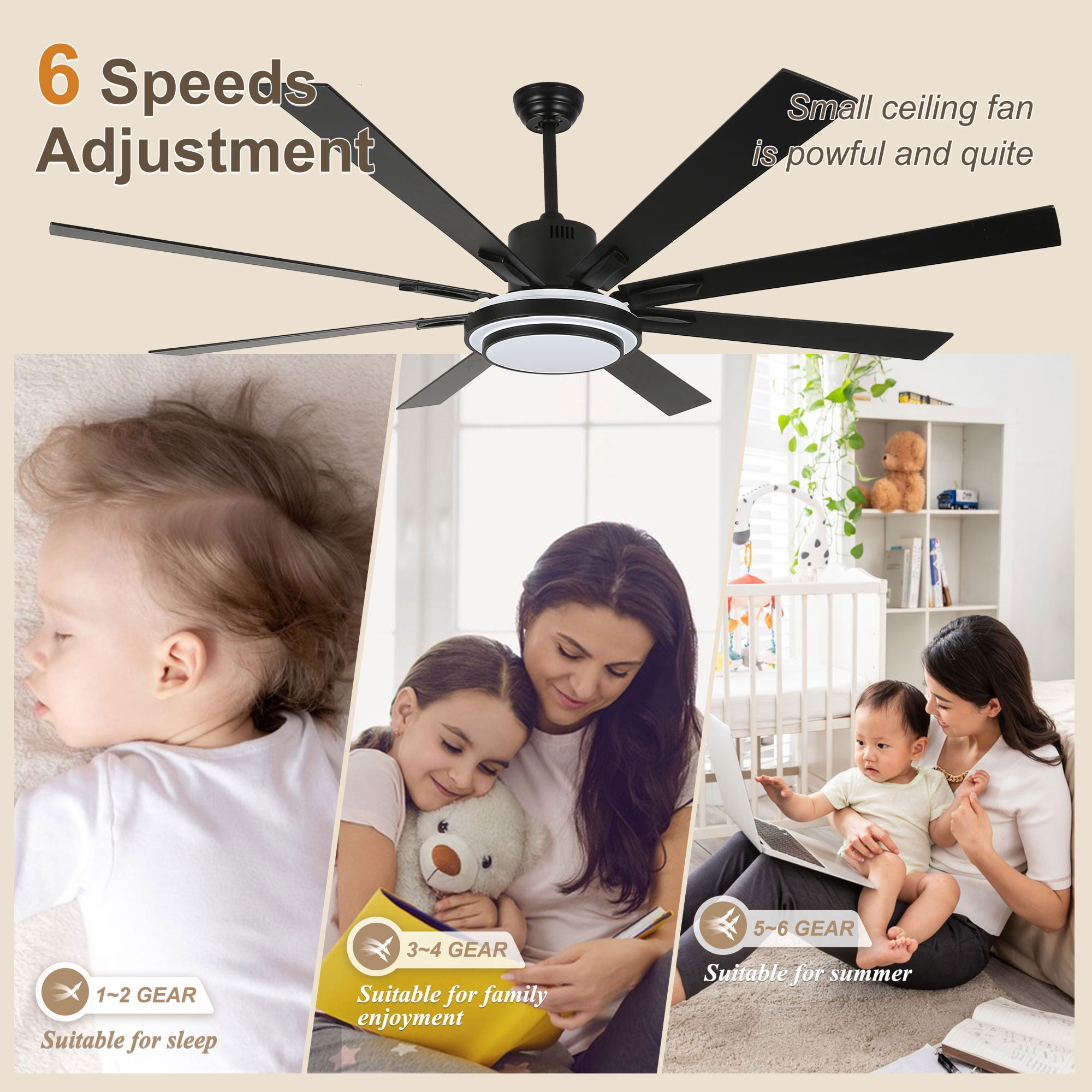 Bella Depot 72" Modern Black LED Ceiling Fan 6-Speed Reversible Chandelier With Dimmable Light and Remote Control