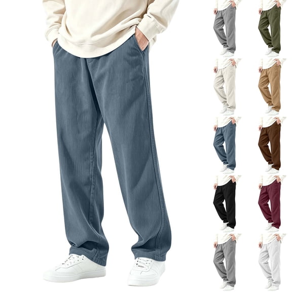 Fanshiluo Men's Corduroy Wide Leg Casual Pants, Elastic Waist Straight Loose Fit Trousers,L,Big and Tall Men