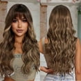 thumbnail image 6 of Jademall 24 inch Long Wavy Brown Wig with Bangs, Synthetic Hair Wig for Women, Full Coverage Natural Look, Curly Wave Hairstyle for Cosplay, Daily Wear & Parties - Mixed Brown, 6 of 8