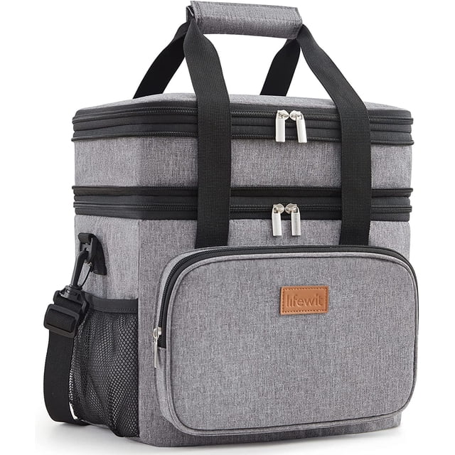 Lifewit Bolsa Térmica de Almuerzo Unisex, Bolsa Isotérmica Doble Compartimento, Bolsa Térmica Porta Alimentos Grande, Fiambrera Antifugas con Correa, Trabajo/Viajes, 21L/30 Latas, Negro