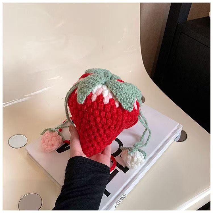 Handmade Strawberry Crochet Drawstring Bag