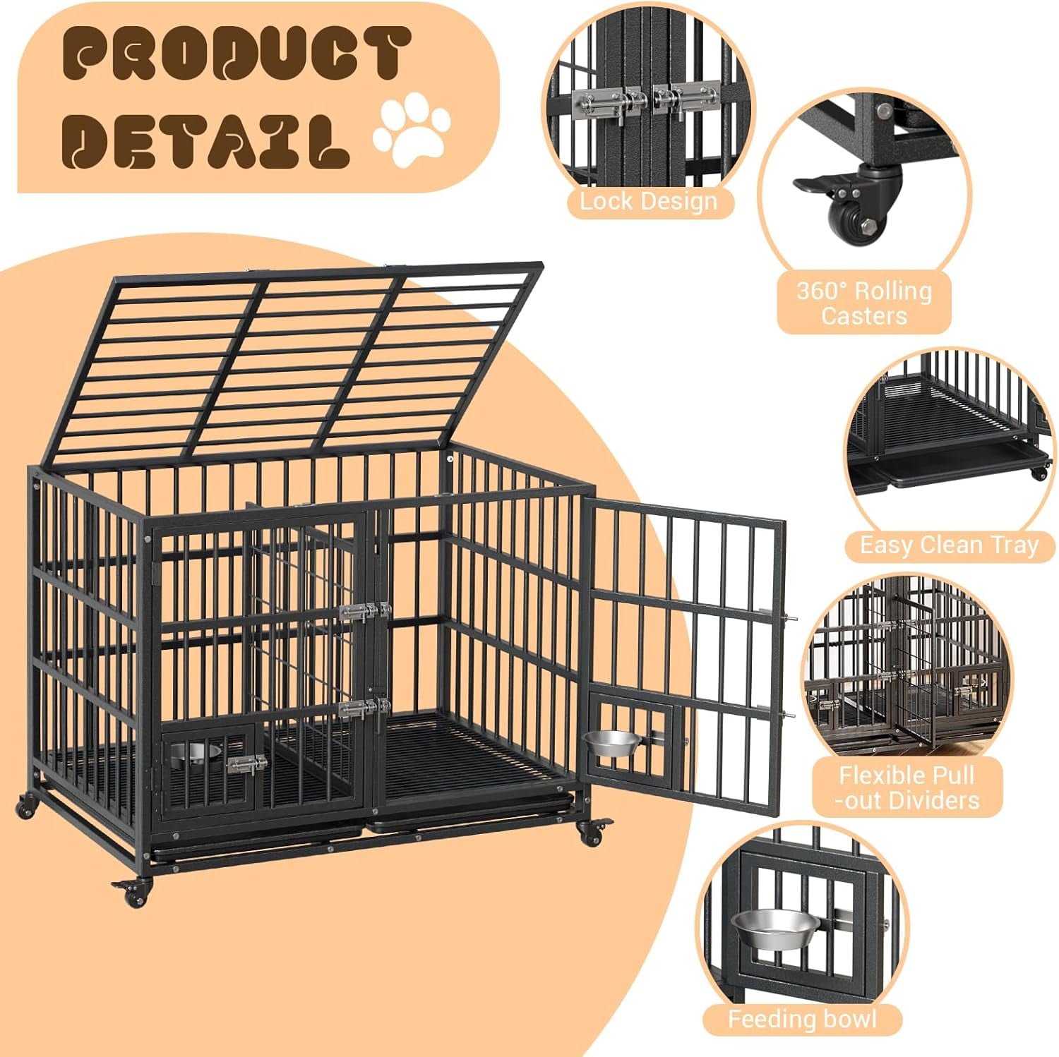 Acekid Heavy Duty Dog Crate 42 Inch&nbsp;- Indestructible Escape-Proof Metal Dog Kennel, Furniture Style Pet Cage for Large/Medium/Small Dogs, Sliding Rail Design, Indoor & Outdoor Use