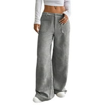 Women Solid Corduroy Wide Leg Pants Button Front Zipper Straight Pants with Pockets Grey L