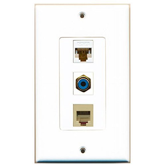 RiteAV - 1 Port RCA Blue and 1 Port Phone RJ11 RJ12 Beige and 1 Port Cat6 Ethernet White Decorative Wall Plate Decorative