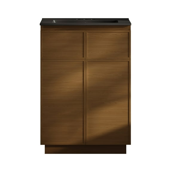 St. Tropez 24" Freestanding Bathroom Vanity in Brown Oak with Black 3-Hole Centerset Sink Top