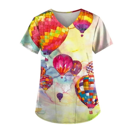 

Hot Air Balloon Printed Working Uniform Womens Fashion Print Short Sleeve Pocket V Neck T Shirt Top Scrubs Uniform Nurses