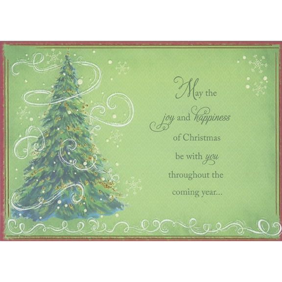 Designer Greetings May the Joy and Happiness: Tree with Foil Accents and White Swirls Box of 15 Christmas Cards