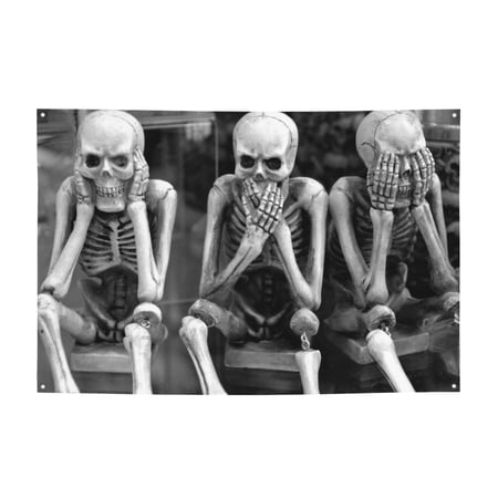 DouZhe Speak No Evil Sign Banner, Skeletons Hanging Banners Backdrop Festive Party Decor for Indoor Outdoor, 47 x 71 Inches