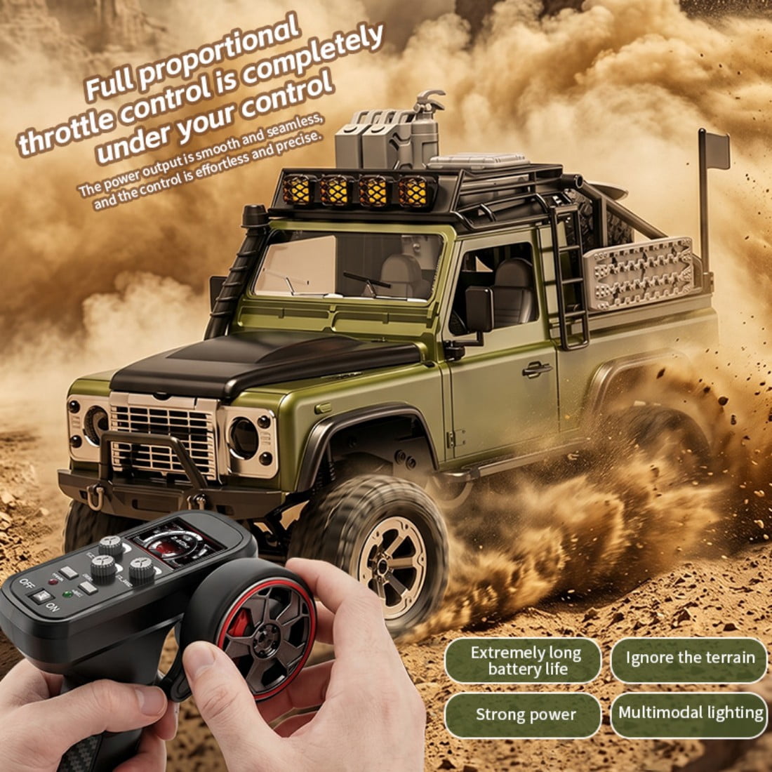 KF90 1/12 Scale 4WD RC Rock Crawler, 2.4GHz Full Proportional Off-Road Truck with Adjustable LED Lights & 60-Min Runtime, Splash Resistant, Green RC Car for Adults