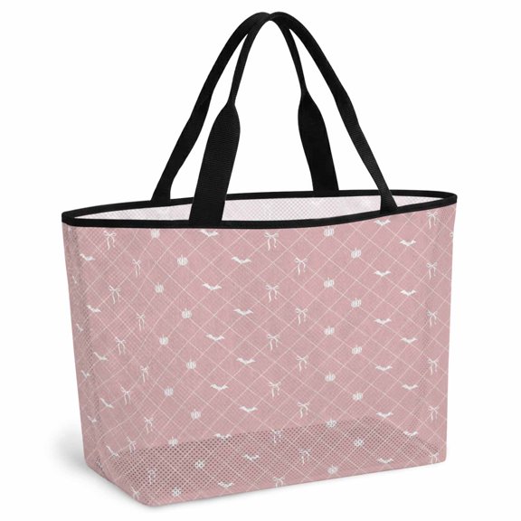 Pink Halloween Beach Bag for Women, Large Breathable Mesh Beach Tote Bag, Checkered Bat Bow Sandproof Lightweight Travel Bags for Vacation Picnic Swimming Pool 15.7"x15.7"x9.1"