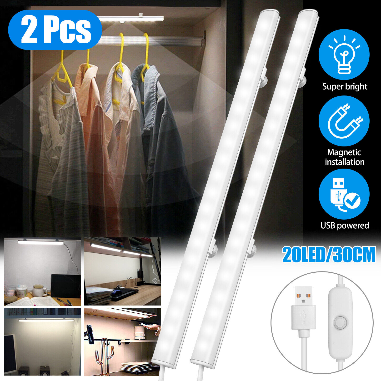 2X LED Kitchen Under Closet Shelf Lighting Strip Bar USB Light