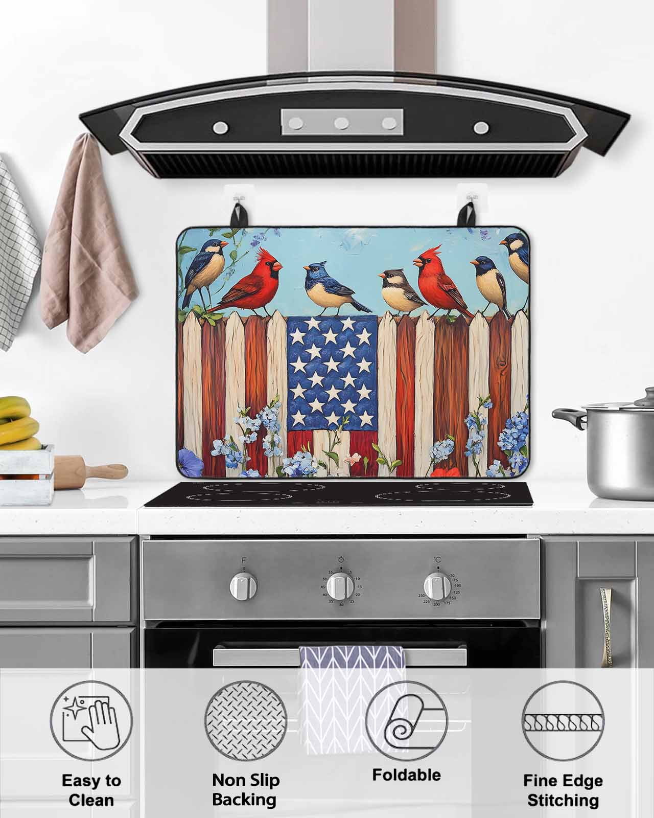 nqOlkjepod Large Induction Cooktop Protector Mat 36"x21", Independence Day Stove Top Covers for Electric Stove, 4th of July Bird USA Flag Flower Bird Stove Burner Cover Mats, Glass Top Stove Cover