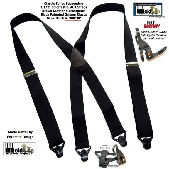 Holdup Brand Classic Series Basic Black X-back Suspenders With Black Gripper Clasps