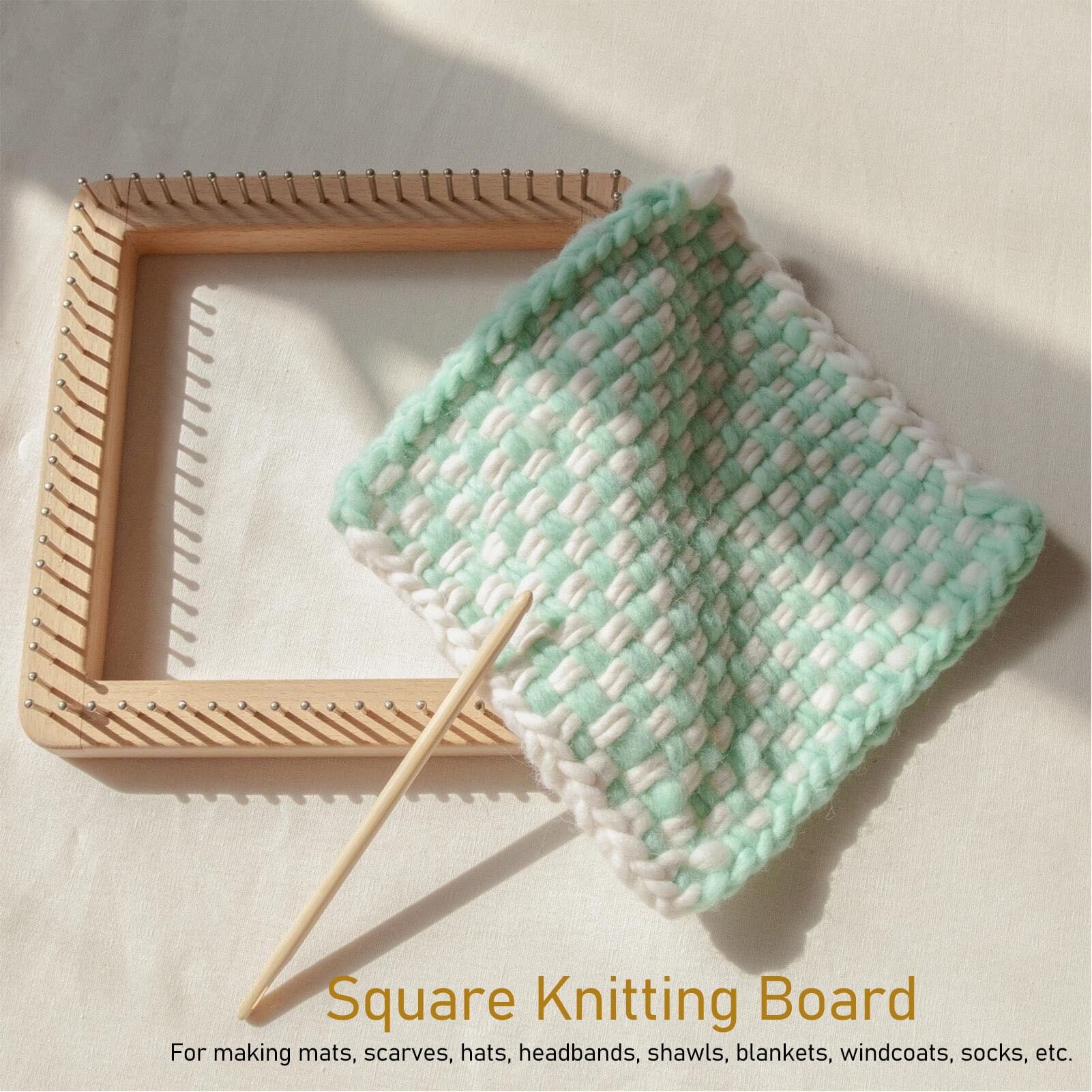 YAHHU Mini Square Knitting Tool with Hooks Wooden Crochet Board for Weaving Mat Hairband Blanket Sock 7.7 x 7.7 inches / 19.5 x 19.5 cm Large Portable Loom Craft Set