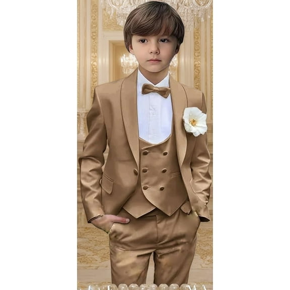 Lycody Boys Formal Suit 4 piece Shawl Collar Double Breasted Outfit Kids Slim Suit Set Classic Baby to Teen Boy for Wedding Graduate Part Prom Summer (Jacket Vest Pants Bow Tie) Elegance