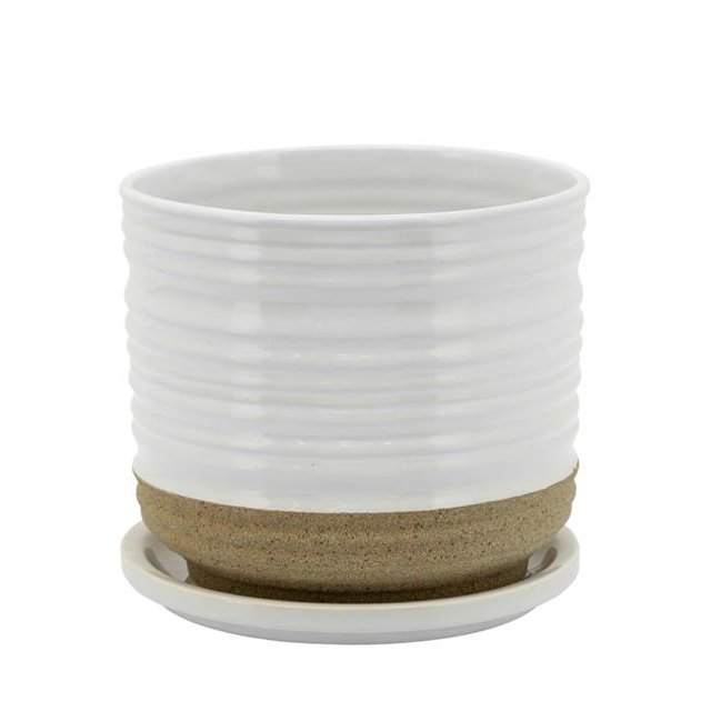 Benjara BM263807 Jardinière avec Soucoupe & Design Texturé Circulaire&44; Blanc