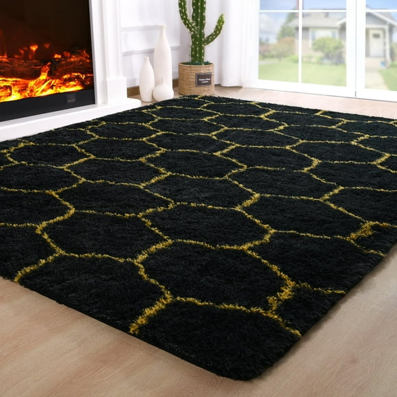Alfombra de Área Noahas Fluffy 6x9 para Dormitorio Sala de Estar Negro Dorado