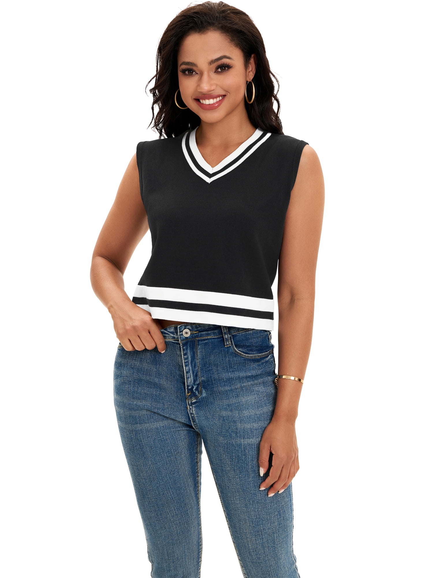 DARING DIVA Women's Cropped Sweater Vest Tank Tops M Black White
