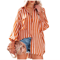 thumbnail image 3 of Camisas de Rayas con Botones para Mujer, Cuello Abullonado, Larga, Blusas Fruncidas Extragrandes con Bolsillo. Rayas Naranjas S, 3 of 10