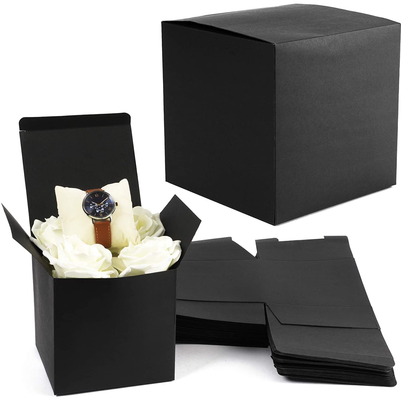 Set of 2 Black Square Flower Box with Window and Ribbon Paper Gift Boxes 2 Size 
