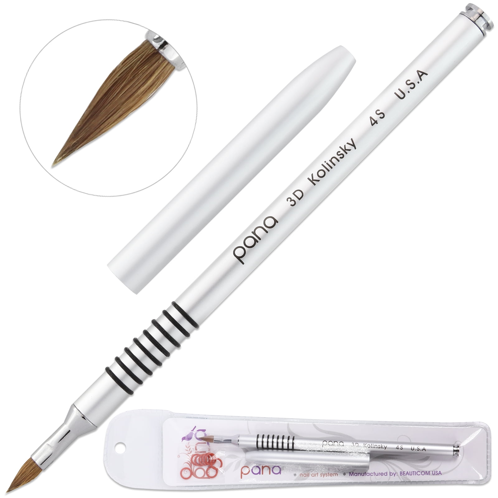 PANA PANA USA 3D Kolinsky Nail Art Brush Silver Metal with NonSlip