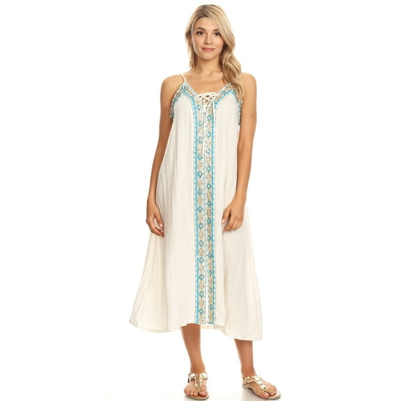 Summer Womens Casual Sleeveless Embroidered Boho Summer Kaftan Beach Dress