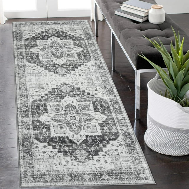 Twister.CK Machine Washable Runner Rug 2' x 6', Non Slip Backing Low Pile Rugs Boho Vintage Foldable Stain Resistant Indoor Carpet for Bedroom Living Room Playroom, Gray