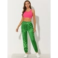 thumbnail image 3 of Pantalones cargo de satén sedoso de tiro alto elástico con cordón para mujer Verde brillante XS, 3 of 6